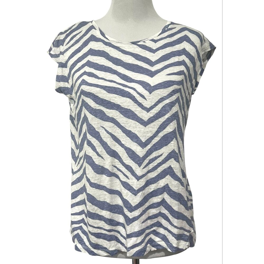 Tahari 100% Linen Top Button Back Womens Sz M White Blue Casual Beach Vacation